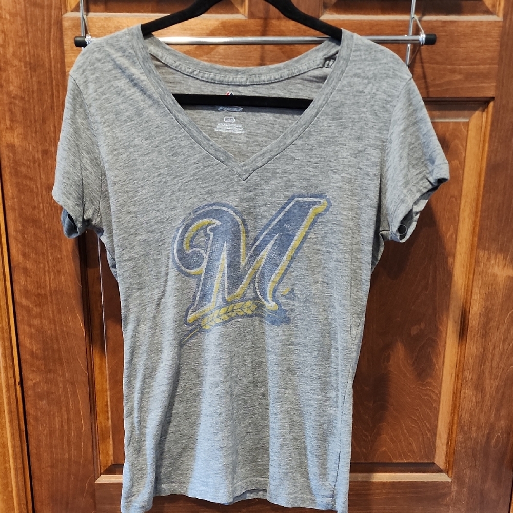 Majestic Gray V-Neck Tee with Blue and Gold Logo